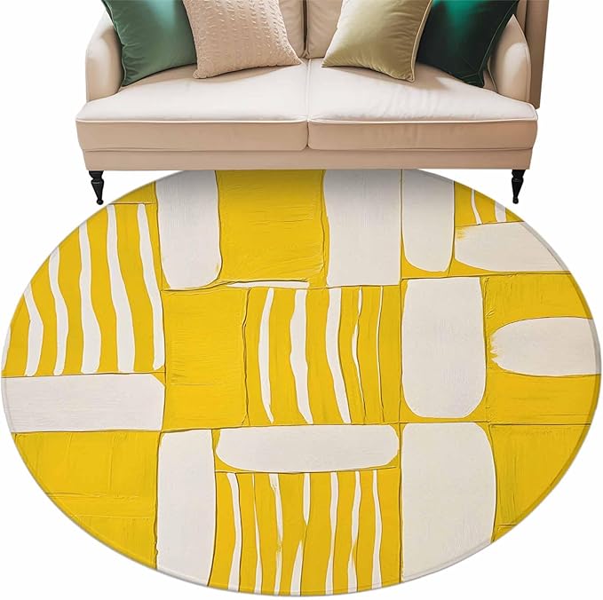 Impressionist Style Round Rug 5 Ft, Yellow Abstract Blurred Color Circle Area Rugs Washable Non Slip Indoor Floor Mats Carpet for Living Room Bedroom Dining Room Home Decor