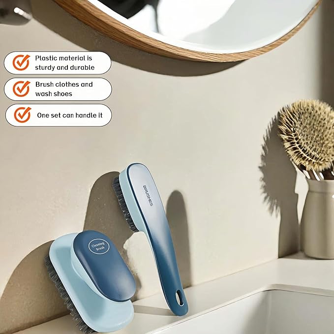 2-Pack Ergonomic Shoe & Laundry Scrub Brush Set - Stiff Bristle Cleaning Brush for Shoes, Stains, Bathroom, Kitchen, Tile Grout - Non-Slip Grip with Hole for Hanging & Drying