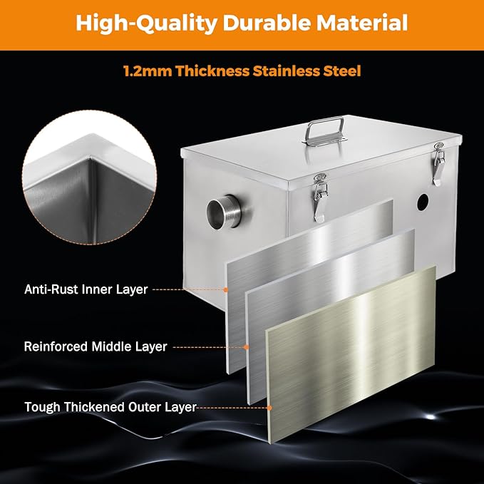 BEAMNOVA 8lbs Commercial Grease Trap Stainless Steel Interceptor for Restaurant Side Inlet