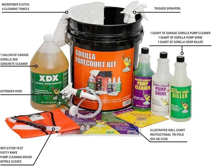 Forecourt First Exterior Gas Island Cleaning Kit | Complete Maintenance Set with Concrete Cleaner, Pump Cleaner, Pump Shine, Odor Killer & Cleaning Tools, Ready-to-Use Grab & Go Kit