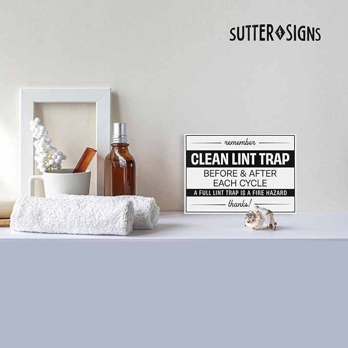 Clean Lint Trap Sign 5" x 7" | Durable Plastic Clean Laundry Sign with Peel and Stick Adhesive Backing | Rental and Airbnb Essentials for Hosts