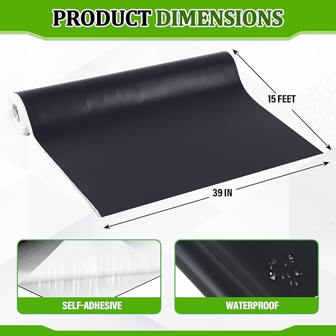Pushglossy 1 Roll EPDM Rubber Roofing Membrane 39" x 15ft, Self-Adhesive Waterproof Underlayment, 47 Mil Reinforced Flat Roof Sheet, Ice and Water Sheet for RV, Shed, Garage and Patio