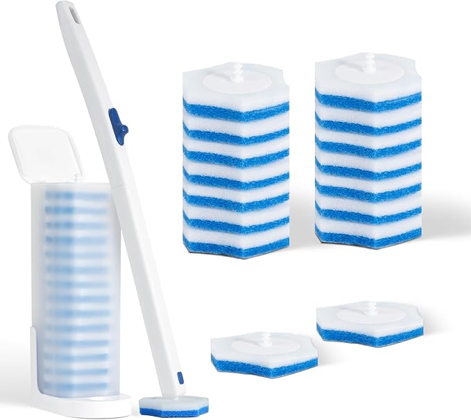 Disposable Toilet Brush Set with Holder, White and Blue, Includes 16 Cleaning Refills (1+16 Refills)