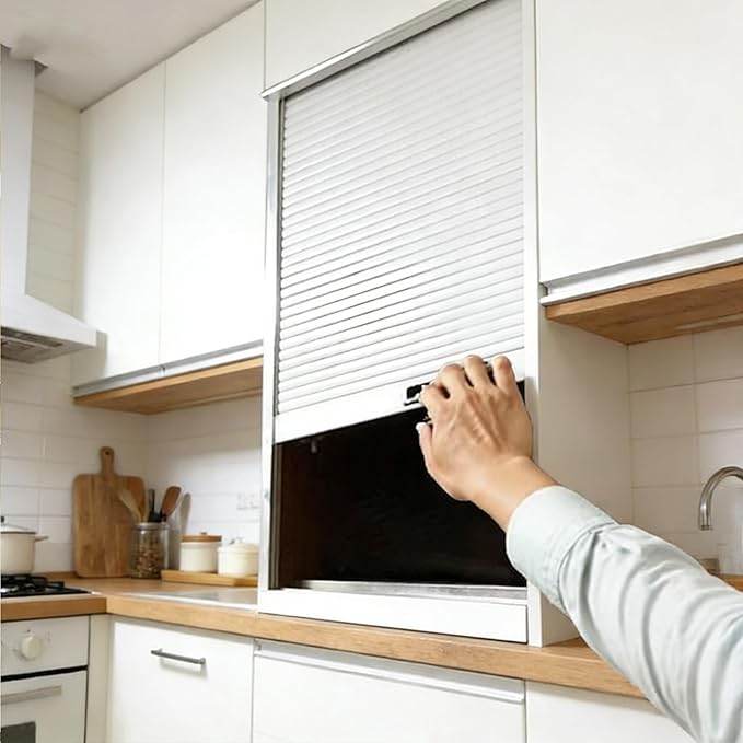 White ABS Kitchen Cabinet Tambour Door,Wxh_32x40 (81.3x101.6cm) Flexible Roll Up Partition Gate Window, Privacy Roller Door， Retractable Closet Doors with Track for Cupboard Vanity Cabinet