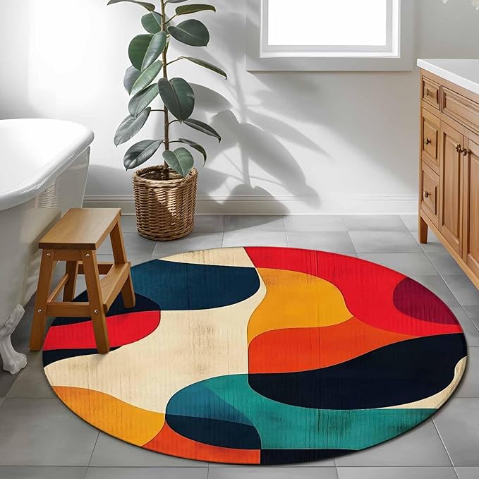 Abstract Art Round Rug 3.3 Ft, Impressionist Red Blue Color Block Samll Area Rugs Washable Non Slip Indoor Floor Mats Circle Carpet for Living Room Bedroom Dining Room Home