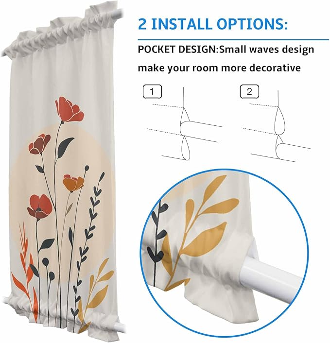 French Door Curtain Panel for Front Door, Orange Floral Flower Slidelight Door Curtains with Tieback Light Filtering Privacy Panels for Doorway Entryway 25"x 40"