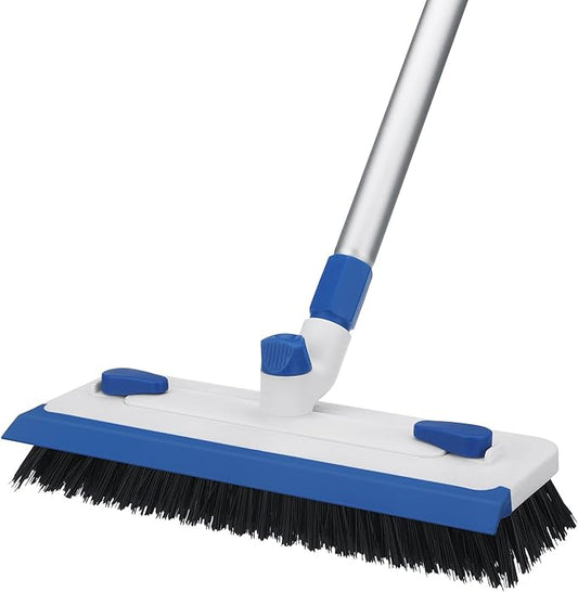 Qaestfy Floor Grout Scrub Brush with Squeegee 3 in 1, 55'' Extendable Long Handle Floor Scrubber Cleaner Brush for Scrubbing Deck, Tile, Garage, Patio, Concrete, Rug, Shower Bathroom