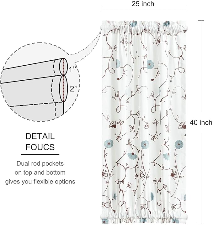 VOGOL Sidelight Curtains for Front Door, 40 Inches Long Short Linen Textured French Door Panels, Blue Flowers Embroidery Design for Entry Door, 1 Piece, Rod Pocket