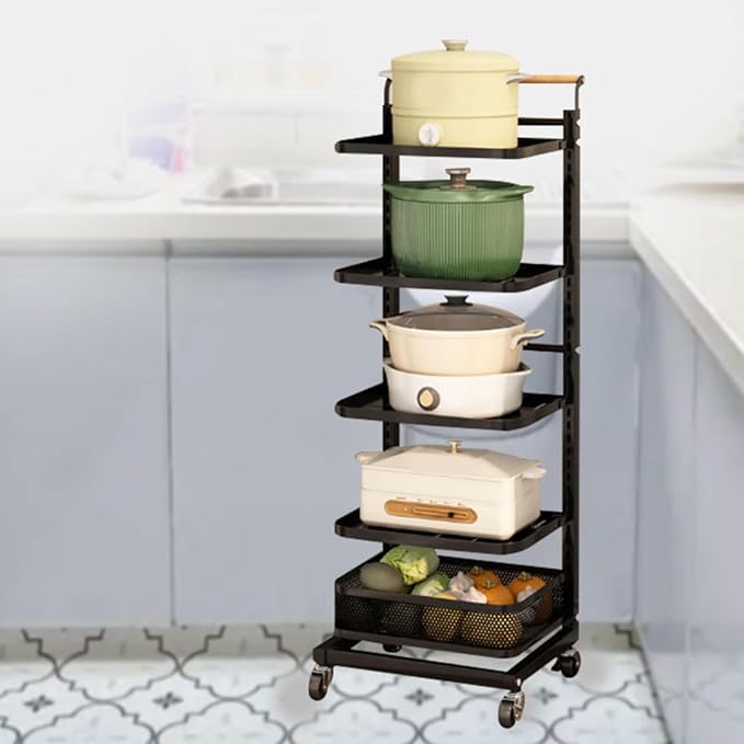 Microwave Shelf Stand Floor Pan Rack Free Standing Baking Tray Storage Rack Kitchen Storage Rack nisation with Black Finish 5 Shelves 4 Boards 1 Basket