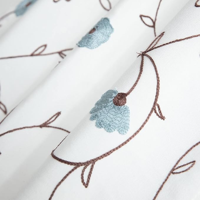 VOGOL Floral Door Curtains, Elegant Flowers Embroidered Light Filtering Drapes for French Door Glass Windows, Rod Pocket, 1 Panel 25 x 72 Inches, Blue in Off-White
