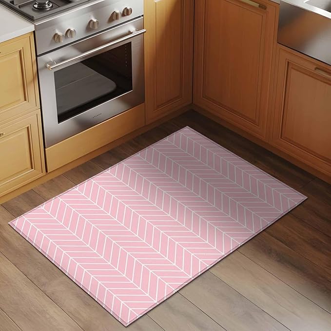 Pink Herringbone Stripes Entryway Rug 2'x3', Modern Abstract Geometric Pink Simple Lines Small Area Rug Non-Slip Front Door Mat Washable Floor Carpet for Indoor Entrance Kitchen Bathroom