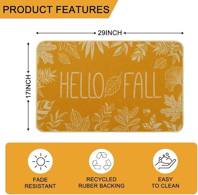Hello Fall Door Welcome Mat,Autumn Thanksgiving Orange Outdoor Rug Leaves Decor Floor Non-Slip Entrance Mat for Home Kitchen Bathroom 17x29 Inch(Orange1)