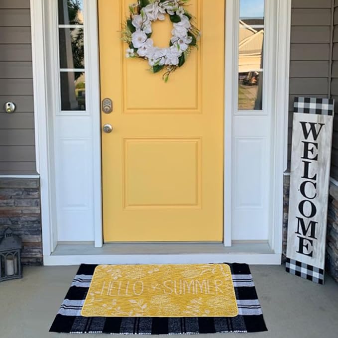Hello Summer Door Mat Welcome Doormat, Plants Outdoor Rug Leaves Decor Floor Front Door Mat Non-Slip Entrance Mat for Home Kitchen Bathroom Decorations 17 X 29 Inch (Yellow)