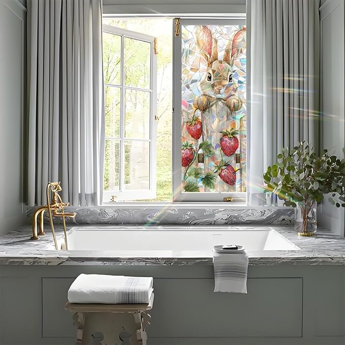 Easter Window Privacy Film 39.4 x 17.3 Inch PVC Bunny Strawberry Window Film Crescent Texture Decorative Glass Covering with Sunlit Glossy Shine for Bathroom Kitchen Living Room