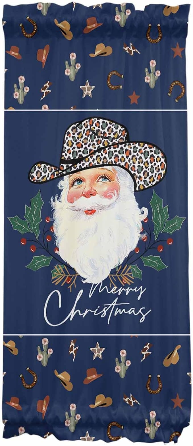 Christmas French Door Curtain Panel for Front Door, Navy Blue Leopard Cow Cowboy Hat Slidelight Door Curtains with Tieback Light Filtering Privacy Panels for Doorway Entryway 25"x 40"