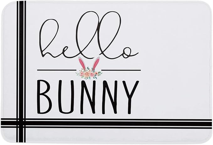 Easter Hello Bunny Black Stripes Doormat Non-Slip Dust Floor Seasonal Spring Summer Mats Best Gifts for Parents Family Classmate 20x32Inch