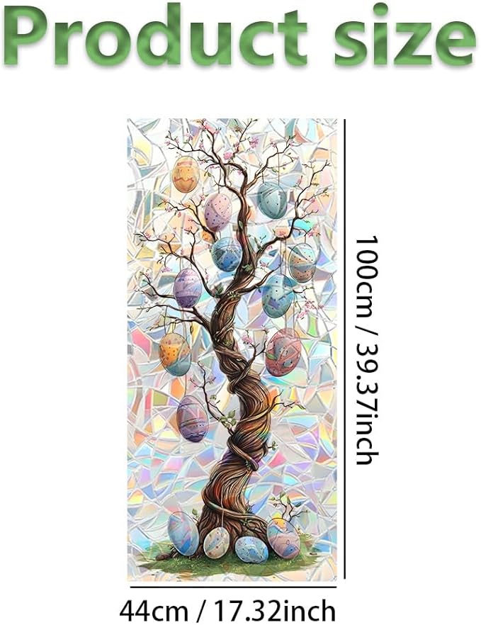 Window Film 17.3 x 39.4 Inch Easter Egg Tree Illustration PVC Decorative Privacy Window Covering for Seasonal Home Styling Spring Glass Surface Decor