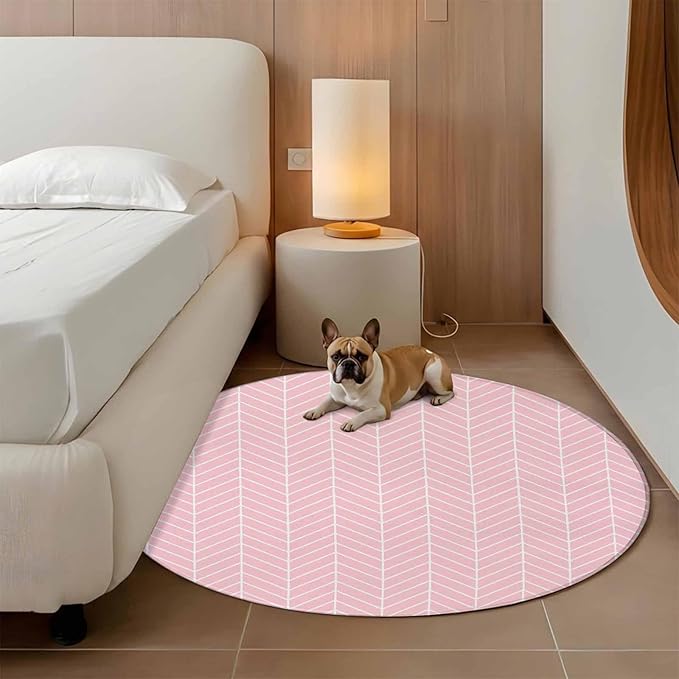 Pink Herringbone Stripes Round Rug 6 Ft, Modern Abstract Geometric Pink Simple Lines Circle Area Rugs Washable Non Slip Indoor Floor Mats Carpet for Living Room Bedroom Dining Room Home Decor