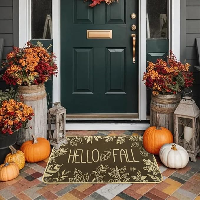 Hello Fall Door Welcome Mat,Autumn Thanksgiving Orange Outdoor Rug Leaves Decor Floor Non-Slip Entrance Mat for Home Kitchen Bathroom 17x29 Inch(Orange1)