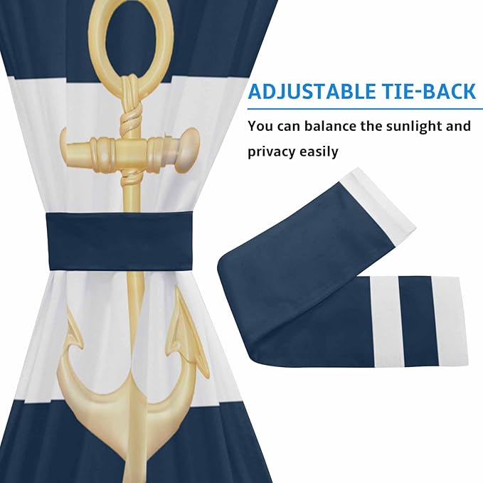 French Door Curtain Panel for Front Door, Gold Anchor Navy Blue White Navigation Slidelight Door Curtains with Tieback Light Filtering Privacy Panels for Doorway Entryway 25"x 40"