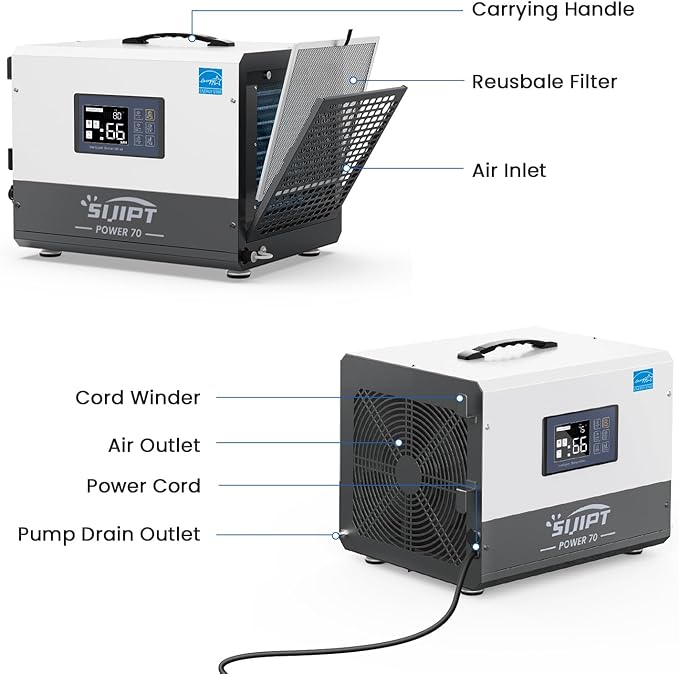 Crawl Space Dehumidifier with Pump, 70 Pints Energy Star Commercial Dehumidifiers for Basement and Home, Compact Dehumidifier for Spaces up to 1000 Sq Ft with Auto Defrost, Memory Starting