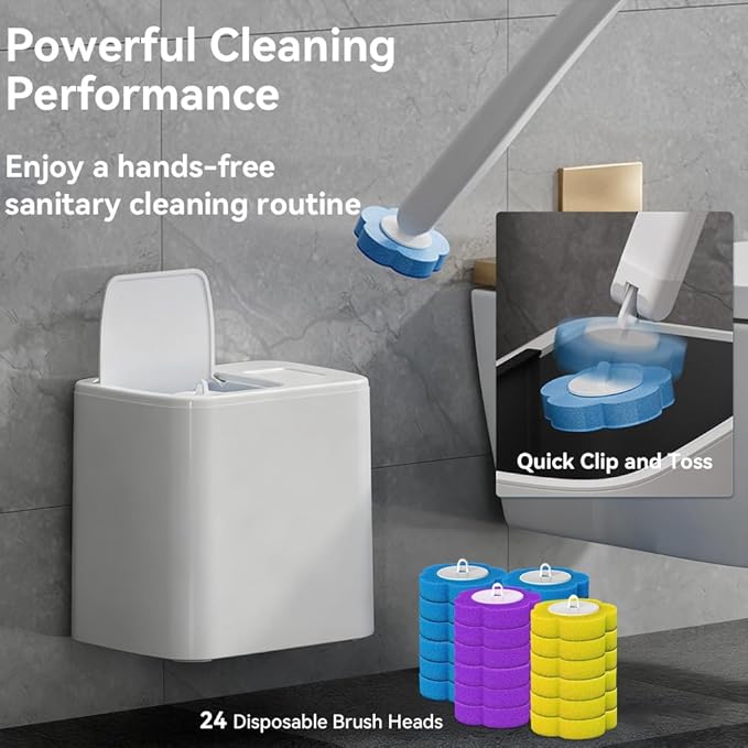 Disposable Toilet Brush Set with Holder, Angled Cleaning Wand with 24 Refill Heads, Wall-Mounted Hygienic Toilet Cleaner (Ocean, Lemon, Lavender Scents)