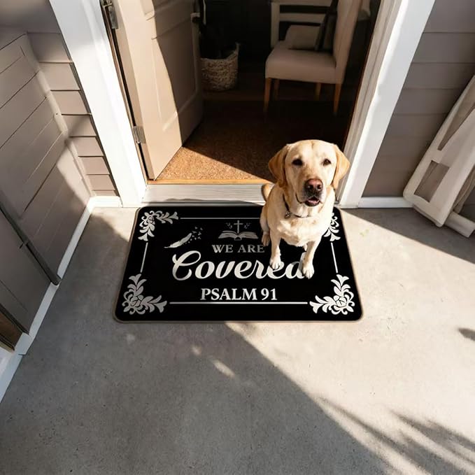 We are Covered Psalm 91 Door Mat 17x30 Inch Psalms 91 Doormat for Front Door Outdoor Entry Farmhouse Style Kitchen Rug ES (Black)