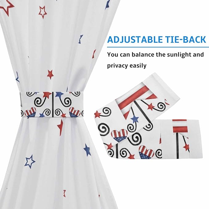 French Door Curtain Panel for Front Door, 4th of July Red Blue Stars American Flag Theme Slidelight Door Curtains with Tieback Light Filtering Privacy Panels for Doorway Entryway 25"x 40"