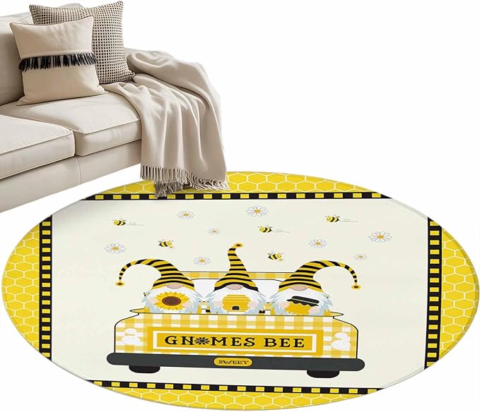 Honey Gnomes Round Rug 4 Ft, Bees Hive Sunflower Truck Circle Area Rugs Washable Non Slip Indoor Floor Mats Carpet for Living Room Bedroom Dining Room Home Decor