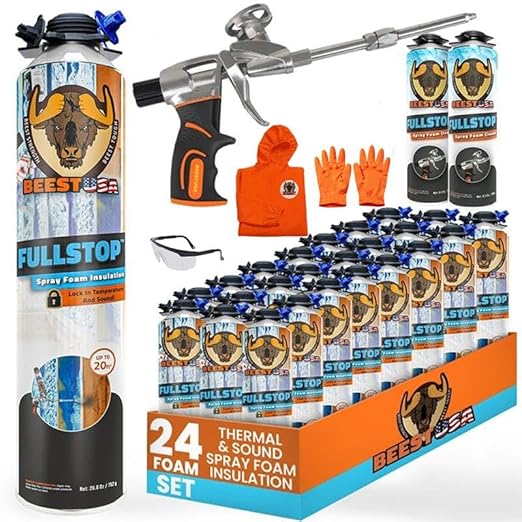 BEEST FullStop Spray Foam Insulation Kit for Walls and Attic - 480 Board ft/sq.ft Perfect Heat & Acoustic Insulation for Reduced Energy Bills - 24x Spray Foam Can, 2X Cleaner, 1 Pro Gun & Safety Gear