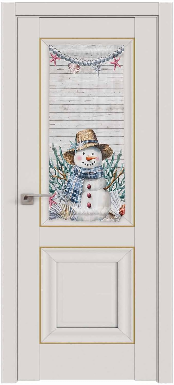 Christmas French Door Curtain for Front Door, Christmas Winter Snowman Pearl Shell Coral Starfish Board Slidelight Door Curtains with Tieback Light Filtering Privacy Panel for Entryway 25"x 40"