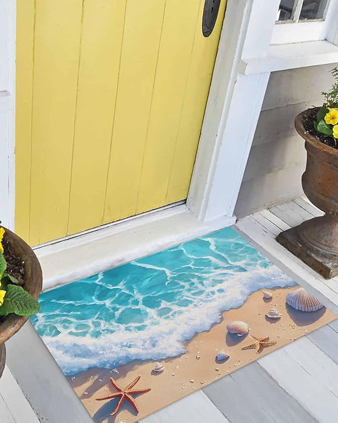Front Door Mat Indoor Outdoor Summer Watercolor Ocean Beach Non-Slip Doormat Low Profile Patio Porch Entryway Rug 18x30in Marine Starfish Shell Spray