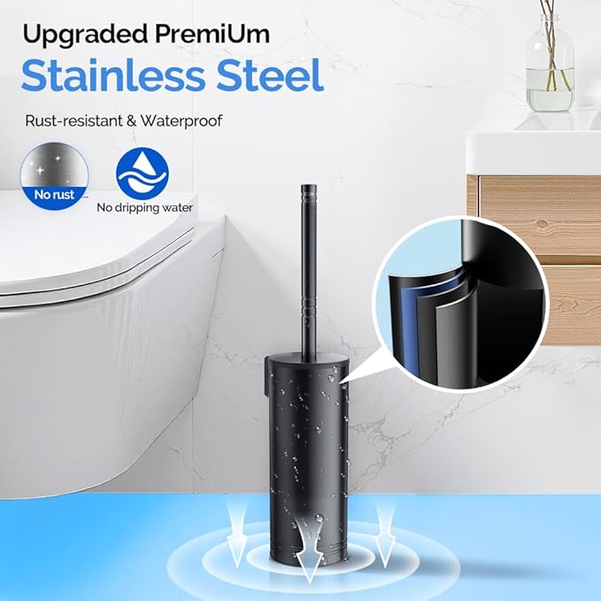 HAMITOR Toilet Brush and Holder Set: Stainless Steel Heavy Duty Bowl Cleaner Brush - Deep Cleaning Under Rim Curved Bristle - Space Saving Wall-Mounted for Home RV Bathroom Accessories Black 1 Pack