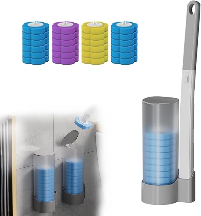 Toilet Bowl Scrubber Storage Caddy, Disposable Toilet Brush, Efficient Deep Scrubbing Cleaner Refill, Bathroom Cleaning System Cleaner Refill Pads for Sink Bathtub Wash Basin (Gray)