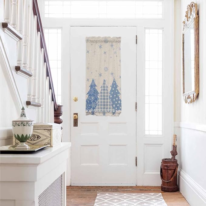 Christmas French Door Curtain Panel for Front Door, Cornflower Blue Various Christmas Tree Snowflake Slidelight Door Curtains with Tieback Light Filtering Privacy Panels for Doorway Entryway 25"x 40"