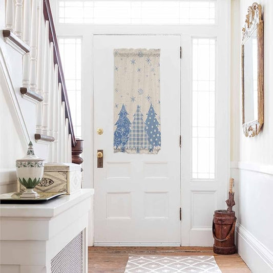 Christmas French Door Curtain Panel for Front Door, Cornflower Blue Various Christmas Tree Snowflake Slidelight Door Curtains with Tieback Light Filtering Privacy Panels for Doorway Entryway 25"x 40"