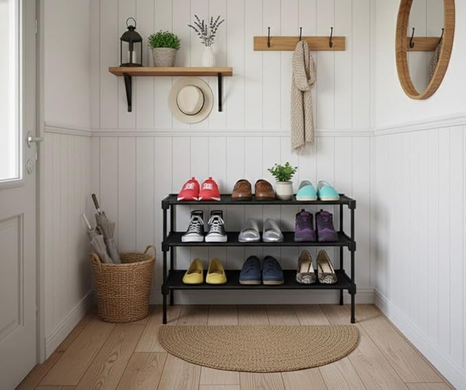 3-Tier Shoe Rack with Shoe Cleaning Brush – Sturdy Entryway Shoe Organizer for 12–15 Pairs, Compact Storage Shelf for Closet, Hallway, Mudroom, Apartment