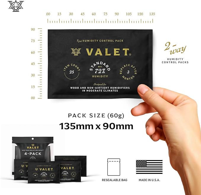 Valet 72% Two-Way Humidity Packs 12-Pack (60g), Bulk Two-Way Humidity Control Packs, Moisture Absorber for Wood & Airtight Storage, Made in USA