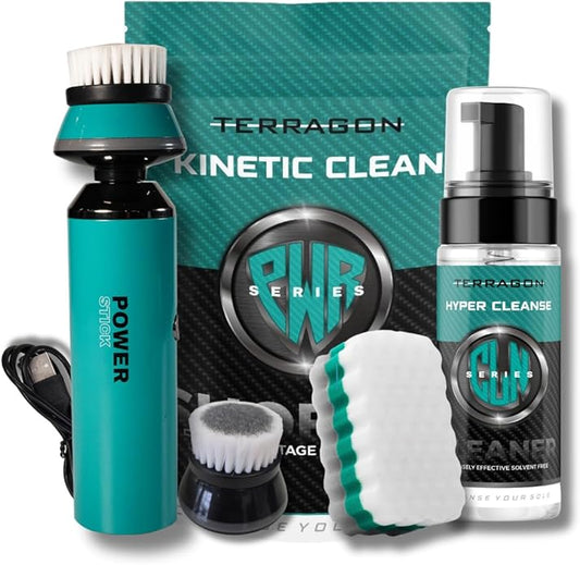 Terragon Kinetic Cleanse Shoe Cleaning Kit with Electric Shoe Cleaner Brush - Hyper Cleanse Remove Tough Stains from Leather, Nubuck, Fabric Shoes - Bonus Shoe Cube for Soles, Color-safe, Solvent-free