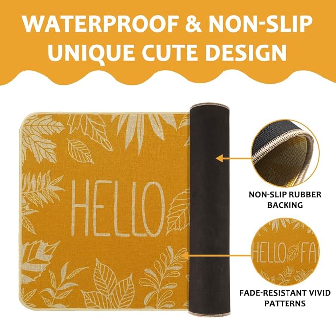 Hello Fall Door Welcome Mat,Autumn Thanksgiving Orange Outdoor Rug Leaves Decor Floor Non-Slip Entrance Mat for Home Kitchen Bathroom 17x29 Inch(Orange1)
