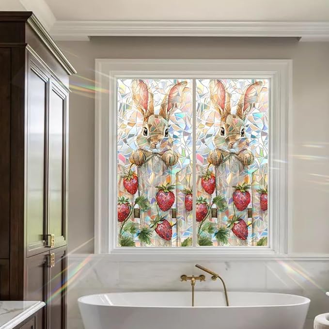 Easter Window Privacy Film 39.4 x 17.3 Inch PVC Bunny Strawberry Window Film Crescent Texture Decorative Glass Covering with Sunlit Glossy Shine for Bathroom Kitchen Living Room