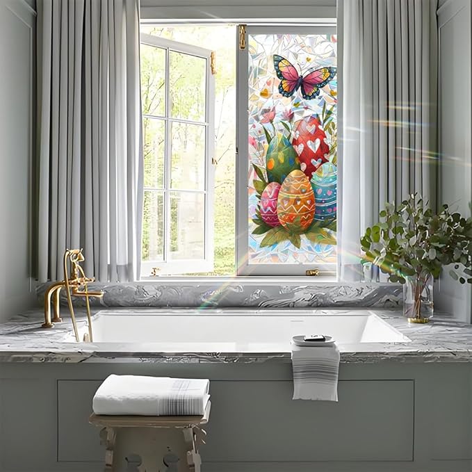 Easter Window Film Colorful Egg and Butterfly Design Decorative PVC Window Film for Home Entryway Kids Room Adds Spring Privacy and Light Softening Holiday Style