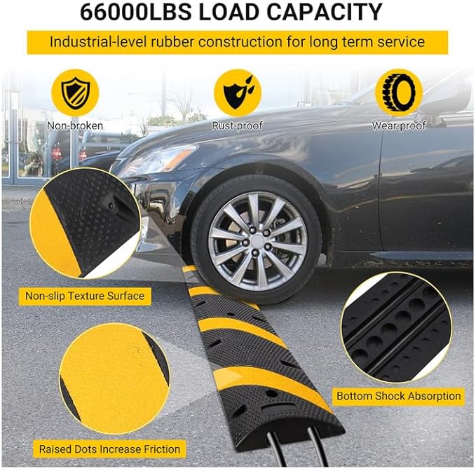 6FT Rubber Speed Bumps (2 Pack), 66000 LB Capacity Heavy-Duty Speed Humps with 8 Bolts for Parking Lots, Roads, Schools, Warehouses, Hotels 72inch