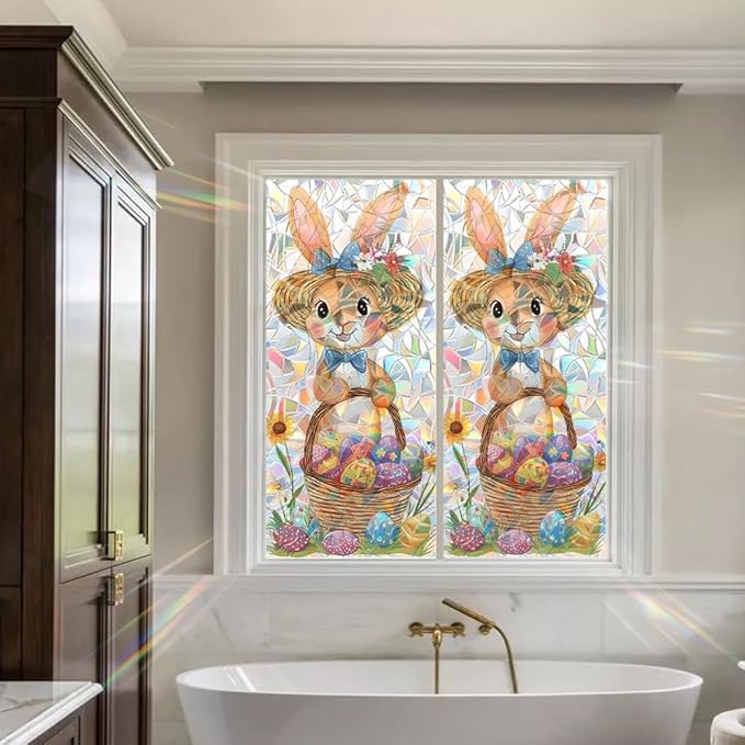 Easter Window Film Bunny with Basket of Colorful Eggs Spring Floral Artwork Decorative PVC Window Film for Entryway Bedroom Playroom Adds Cheerful Holiday Window Style