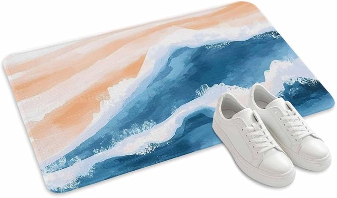Abstract Waves Doormat Orange Blue Gradient Spray Non Slip Low Profile Rubber Door Mat Washable Absorbent Indoor Front Door Mat Entryway Rug Entrance Carpet 20x31.5 Inch