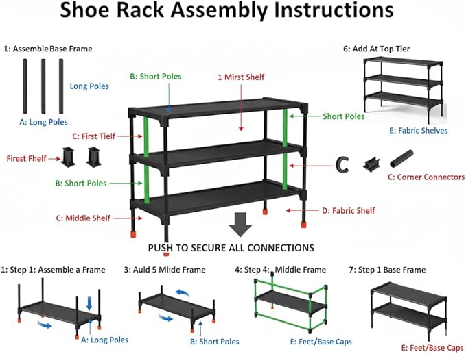Shoe Rack Organizer 3-Tier – Stackable Black Metal Shoe Shelf for Closet, Entryway & Garage, Durable 3 Layer Shoe Storage Stand with Cleaning Brush & Shoe Horn Included