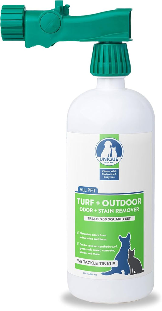 Unique Turf & Outdoor Odor and Stain Remover, Turf Cleaner for Pet Urine Outdoor Dog Odor Eliminator, 30 oz. Bio-Enzymatic Liquid Concentrate with Hose-Connector Bottle