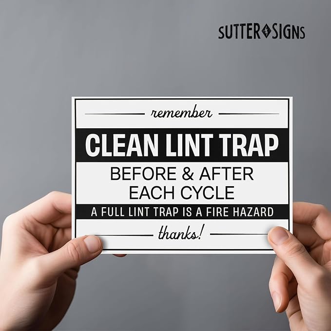 Clean Lint Trap Sign 5" x 7" | Durable Plastic Clean Laundry Sign with Peel and Stick Adhesive Backing | Rental and Airbnb Essentials for Hosts