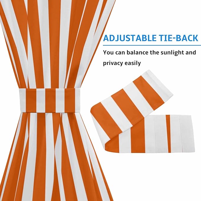 French Door Curtain Panel for Front Door, Orange White Stripe Slidelight Door Curtains with Tieback Light Filtering Privacy Panels for Doorway Entryway 25"x 40"