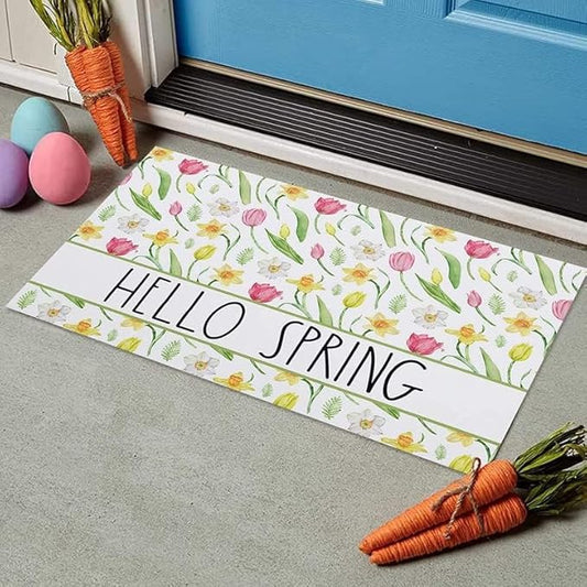 Hello Spring Indoor Doormat Front Door Mat Tulip Flower Watercolor Style Welcome Mat Entrance Door Mat Non-Slip Floor Mat Soft and Low Profile Gift for Women Men 20x32 Inch